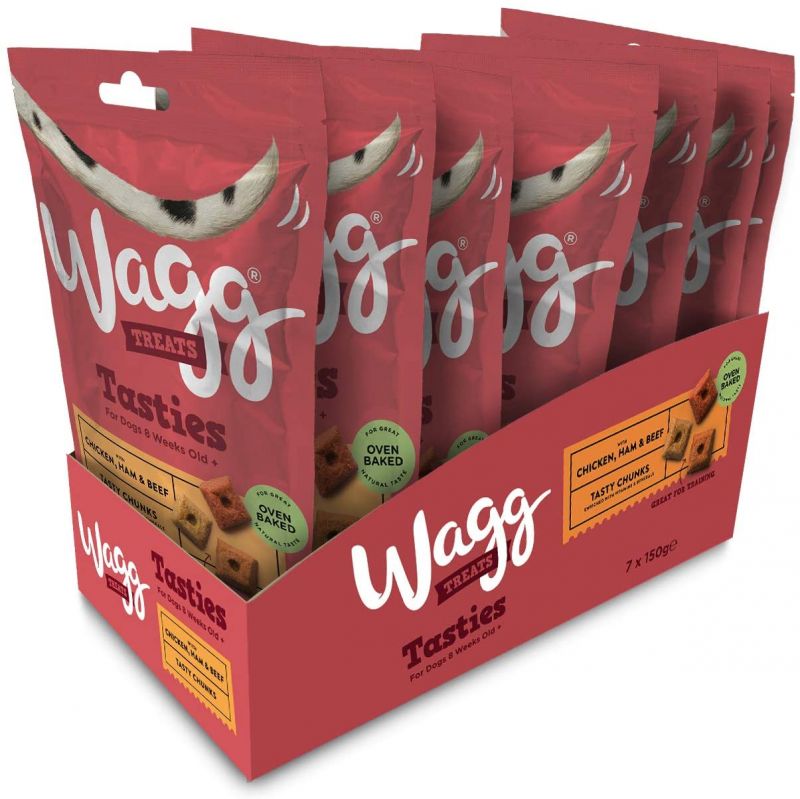 Wagg Tasty Chunks Dog Treats with Chicken, Ham and Beef 150 g, Pack of 7
